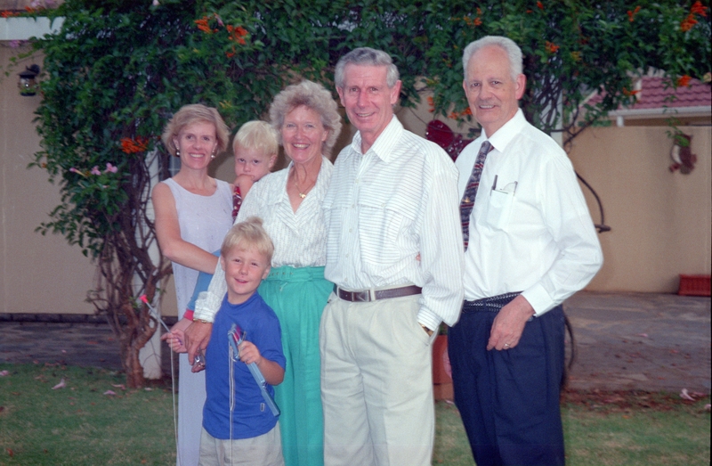 Gordon Talbot ? cousin and SA Amateur Tennis Champion, with Wife Veronica, Daughter (manager at Absa Bank), and grandchildren, and Larry Colton