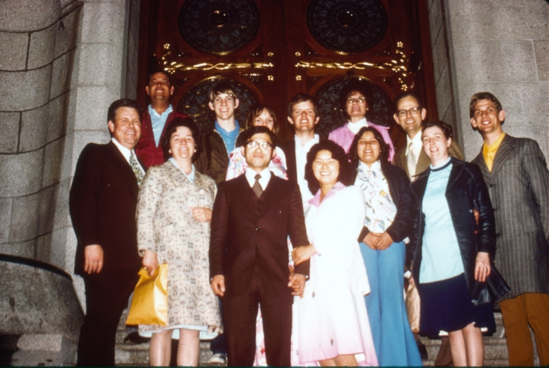 Yugi Saito and Yuriko wedding at Salt Lake Temple, Gene Colton, Rosalie, Bob, Steve, Christee, Mike, Barbara, Robin, Larry, Jean, Don