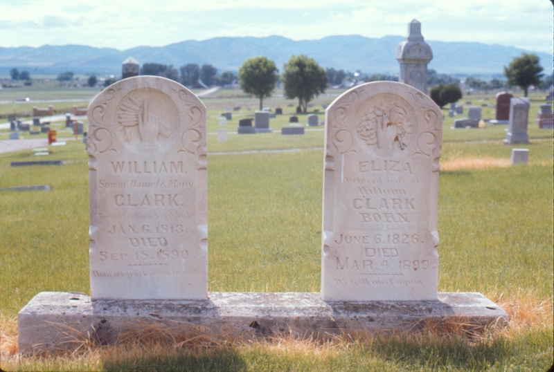 gravestones: Clark, William, Eliza, Malad ID