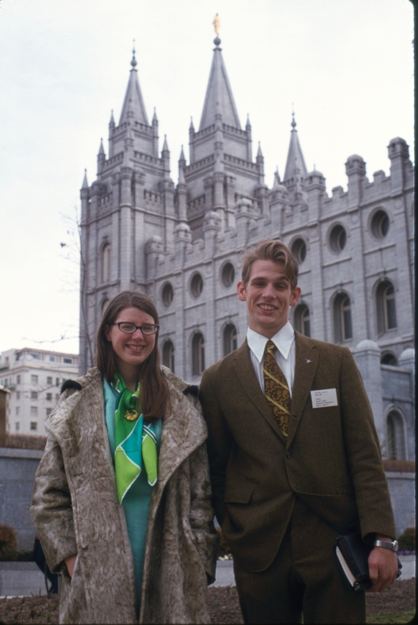 March 10, 1973, Lois Clayton and Don Colton standing in front of the Salt Lake city Temple on the day that Don entered the mission home in SLC for his mission.