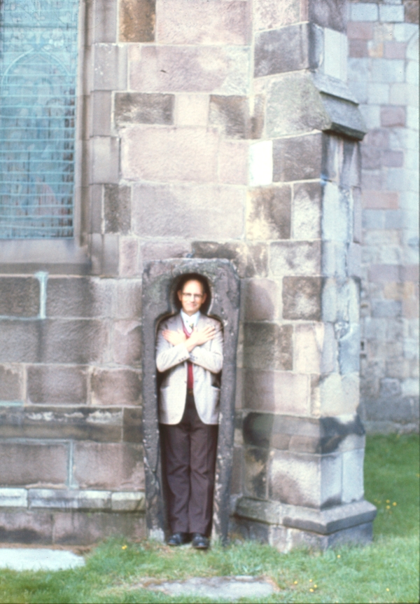 Larry Colton in stone coffin at Duffield church where Joseph Kniveton is buried