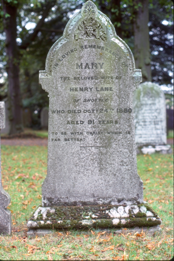 gravestone: Mary wife of Henry Lane. Henry is father of Isabel Lane, wife of Daniel Calton