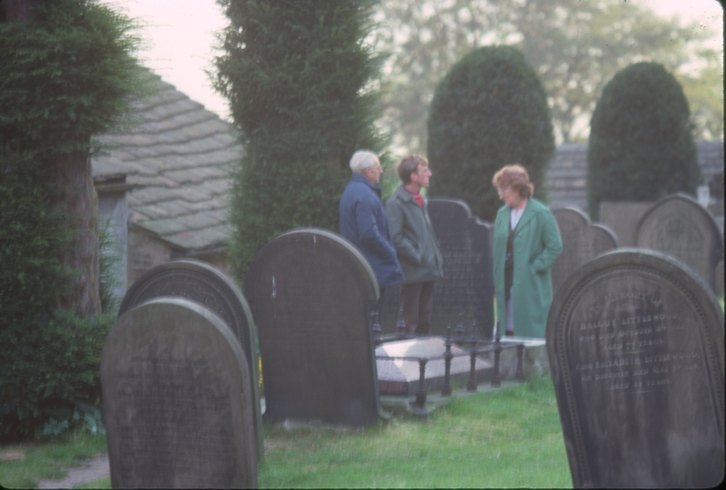 Margaret Parsons, Abe Parsons, their son, at the grave of Little John of Robin Hood fame