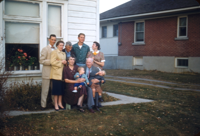 1956, 351 E 100 S, Logan; Larry Colton, Jean Colton, Phillip Blau, Emma Bowcutt, Grant Thorson, Jim Colton, Joe Bowcutt, June Thorson, Don Colton