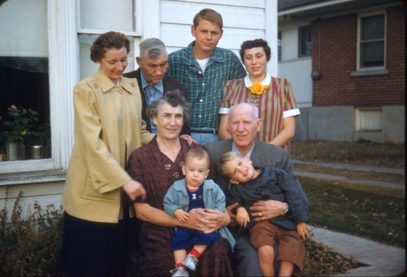 1956, 351 E 100 S, Logan; Jean Colton, Phillip Blau, Emma Bowcutt, Jim Colton, Grant Thorson, Don Colton, Joe Bowcutt, June Thorson