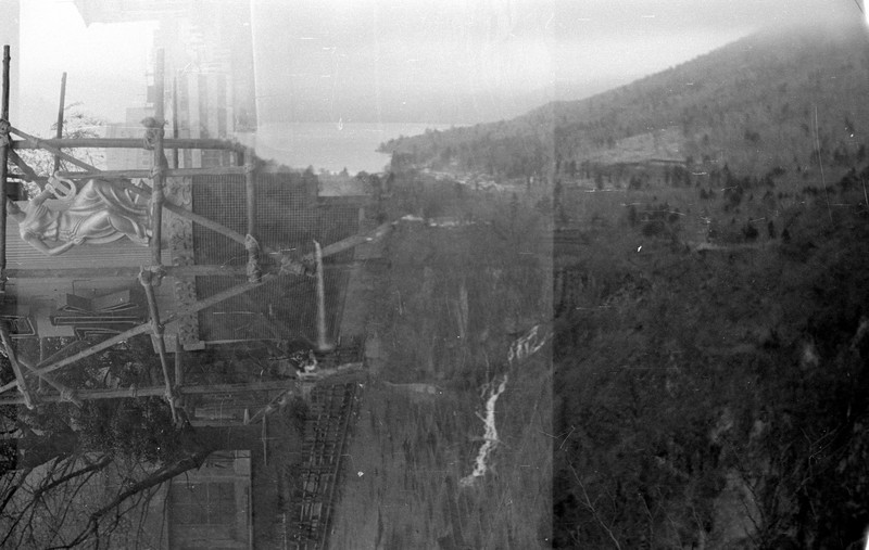 Double Exposure, Monument with Scaffolding, Waterfall