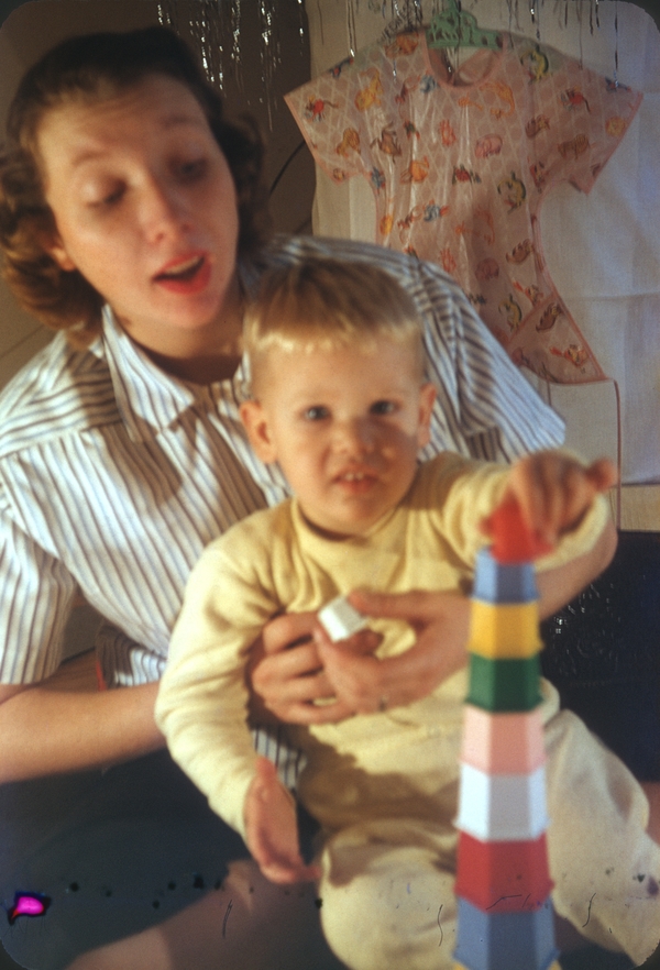 Jean Colton and Donny, 25 Dec 1955, stacking blocks